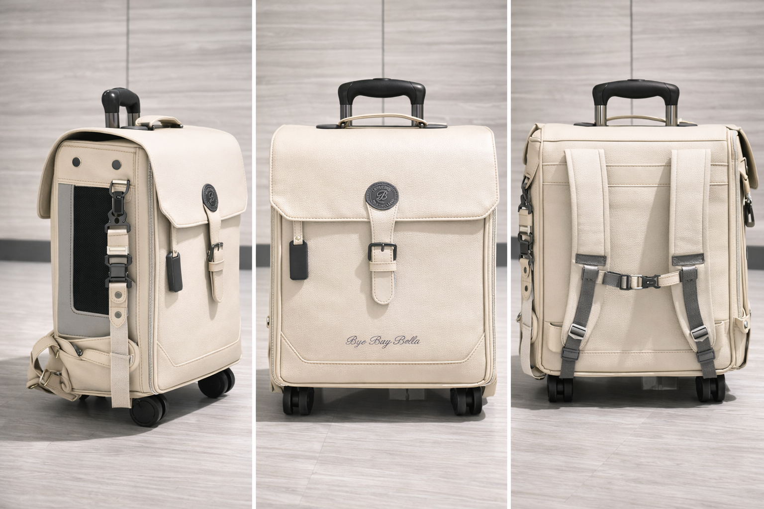 Signature carrier in cream shown from side, front and back